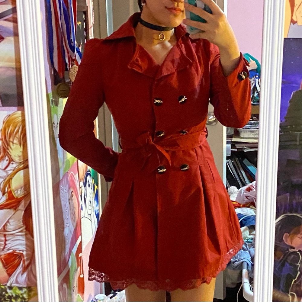 🍁🍂 Korean Fashion Red Coat w/Lace and Back Bow - Size 2 Rarely Worn 🌹